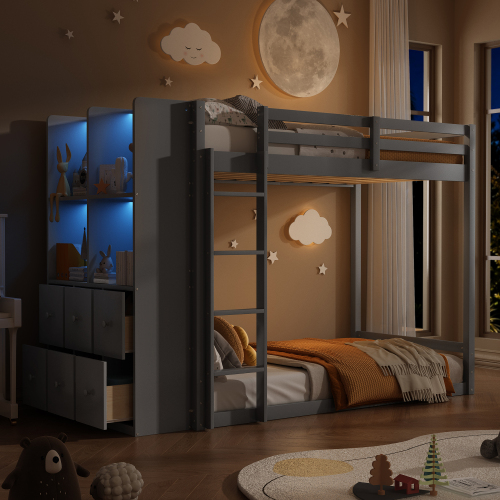 Twin Size Bunk Bed with Drawers, Shelves and Light, Gray - MDF,Pine,Plywood - MDF
