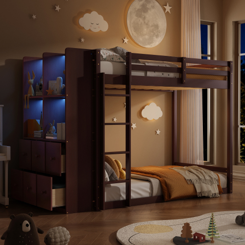 Twin Size Bunk Bed with Drawers, Shelves and Light, Espresso - MDF,Pine,Plywood - Not Specified