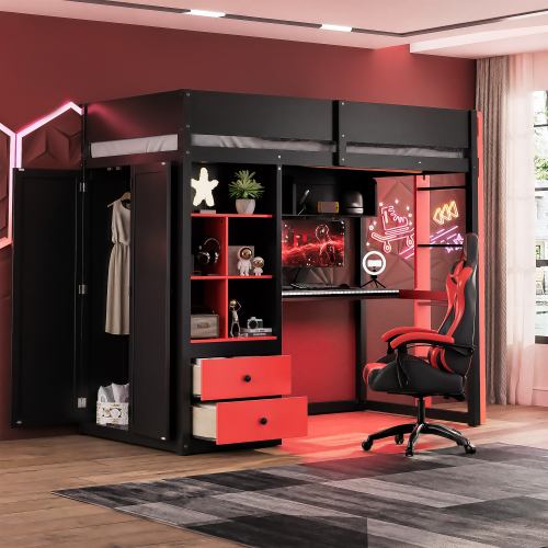 Twin Size Solid Wood Loft Bed with Desk,Storage Cabinet,and Wardrobe, High Loft Bed with Smart APP Control LED Light Strip, USB Charging Ports, Black+Red - MDF,Pine,Plywood - MDF