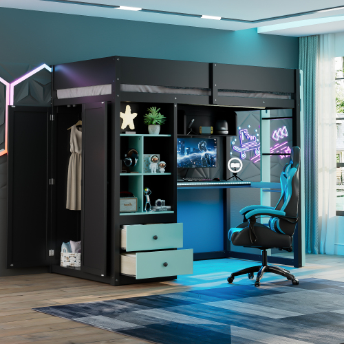 Twin Size Solid Wood Loft Bed with Desk,Storage Cabinet,and Wardrobe, High Loft Bed with Smart APP Control LED Light Strip, USB Charging Ports, Black+Blue - MDF,Pine,Plywood - MDF