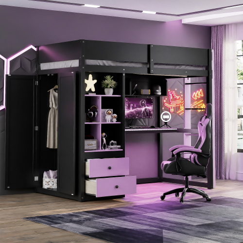 Twin Size Solid Wood Loft Bed with Desk,Storage Cabinet,and Wardrobe, High Loft Bed with Smart APP Control LED Light Strip, USB Charging Ports, Black+Purple - Black,Purple - MDF,Pine,Plywood