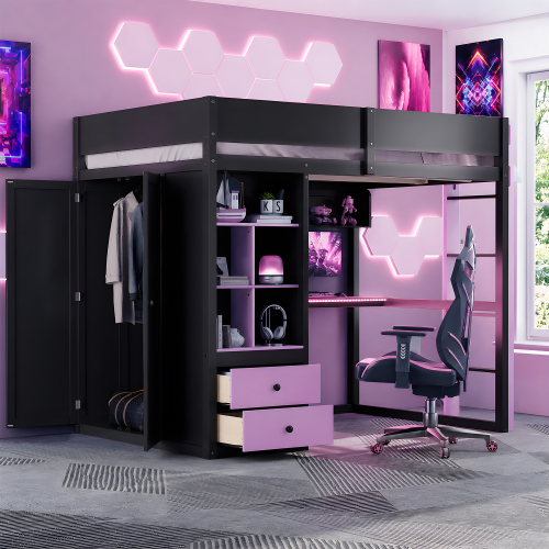 Full Size Solid Wood Loft Bed with Desk,Storage Cabinet,and Wardrobe, High Loft Bed with Smart APP Control LED Light Strip, USB Charging Ports, Black+Purple - Black,Purple - MDF,Pine,Plywood