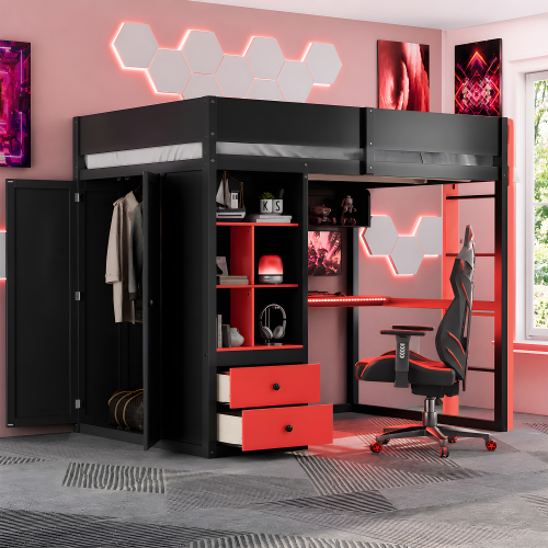 Full Size Solid Wood Loft Bed with Desk,Storage Cabinet,and Wardrobe, High Loft Bed with Smart APP Control LED Light Strip, USB Charging Ports, Black+Red - MDF,Pine,Plywood - MDF