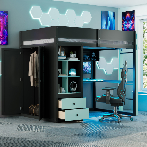 Full Size Solid Wood Loft Bed with Desk,Storage Cabinet,and Wardrobe, High Loft Bed with Smart APP Control LED Light Strip, USB Charging Ports, Black+Blue - MDF,Pine,Plywood - MDF