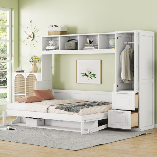 Full Size Murphy Bed Wall Bed with Closet and Drawers,White(OLD SKU:LP000792AAK-3) - MDF+LVL