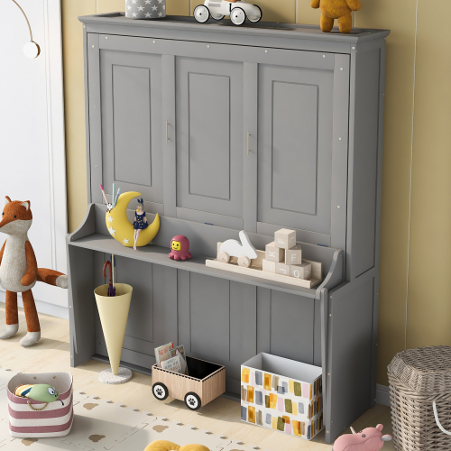 Queen Size Murphy Bed with a Shelf, Gray - Solid Wood+MDF - Bedroom - Box Spring Not Required - Wood