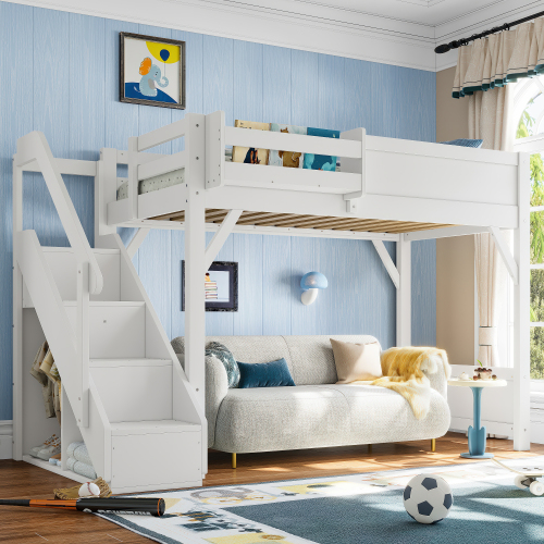 Twin Size Loft Bed with Built-in Wardrobe and Storage Space, Solid Wood Loft Bed with Beside Shelves, Full-length Guardrails and Stairs, No Box Spring Needed, White - Light White - MDF,Pine,Plywood - Light White - MDF