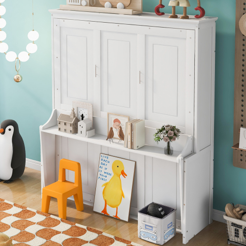 Queen Size Murphy Bed with a Shelf, White - Solid Wood+MDF - Bedroom - Box Spring Not Required - Wood