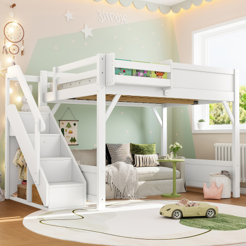Full Size Loft Bed with Built-in Wardrobe and Storage Space, Solid Wood Loft Bed with Beside Shelves, Full-length Guardrails and Stairs, No Box Spring Needed, White - Light White - MDF,Pine,Plywood - Light White - MDF