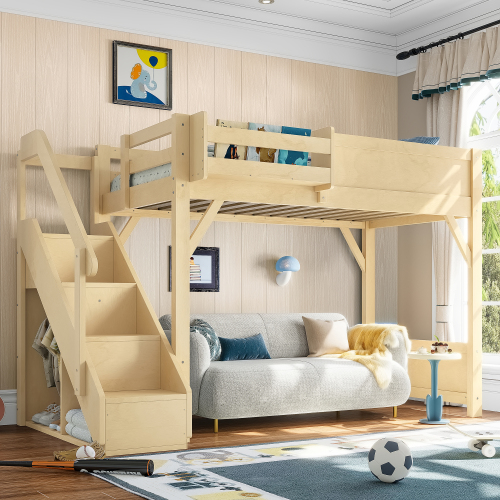 Twin Size Loft Bed with Built-in Wardrobe and Storage Space, Solid Wood Loft Bed with Beside Shelves, Full-length Guardrails and Stairs, No Box Spring Needed, Natural - MDF,Pine,Plywood - MDF