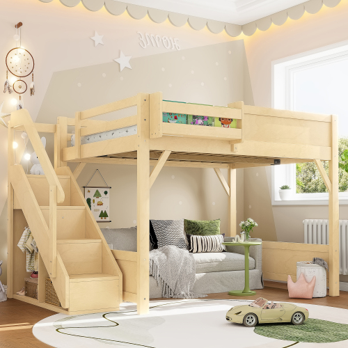 Full Size Loft Bed with Built-in Wardrobe and Storage Space, Solid Wood Loft Bed with Beside Shelves, Full-length Guardrails and Stairs, No Box Spring Needed,  Natural - MDF,Pine,Plywood - MDF