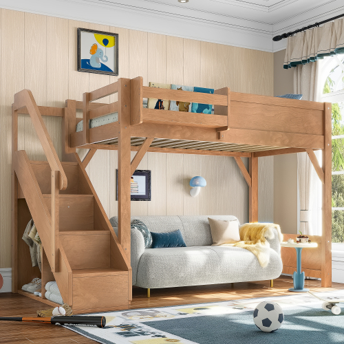 Twin Size Loft Bed with Built-in Wardrobe and Storage Space, Solid Wood Loft Bed with Beside Shelves, Full-length Guardrails and Stairs, No Box Spring Needed, Deep Natural - Antique Natural - MDF,Pine,Plywood - Antique Natural - MDF