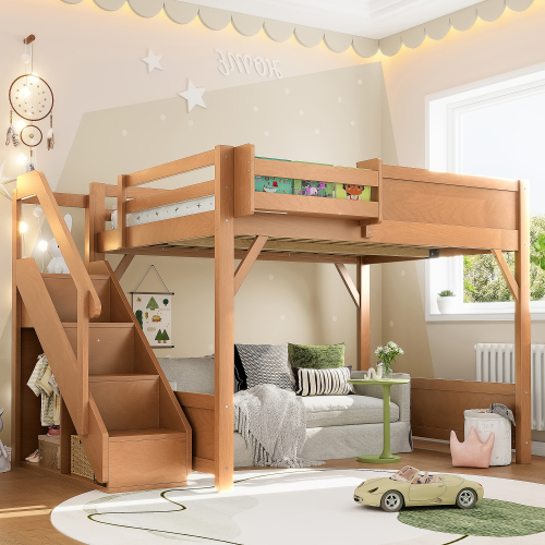 Full Size Loft Bed with Built-in Wardrobe and Storage Space, Solid Wood Loft Bed with Beside Shelves, Full-length Guardrails and Stairs, No Box Spring Needed,Deep Natural - Antique Natural - MDF,Pine,Plywood - Antique Natural - MDF