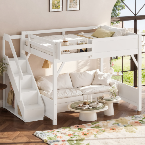 Queen Size Loft Bed with Built-in Wardrobe and Storage Space, Solid Wood Loft Bed with Beside Shelves, Full-length Guardrails and Stairs, No Box Spring Needed, White - MDF,Plywood,Wood - MDF