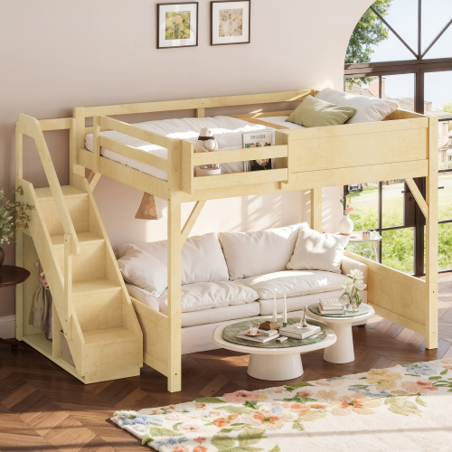 Queen Size Loft Bed with Built-in Wardrobe and Storage Space, Solid Wood Loft Bed with Beside Shelves, Full-length Guardrails and Stairs, No Box Spring Needed, Natural - MDF,Pine,Plywood - MDF