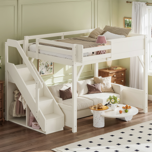 Full Size Loft Bed with Built-in Wardrobe and Storage Space, Solid Wood Loft Bed with Beside Shelves, Full-length Guardrails and Stairs, No Box Spring Needed,Beige - MDF,Pine,Plywood - Not Specified