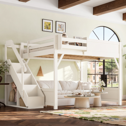 Queen Size Loft Bed with Built-in Wardrobe and Storage Space, Solid Wood Loft Bed with Beside Shelves, Full-length Guardrails and Stairs, No Box Spring Needed, White - Antique White - MDF,Pine,Plywood - Antique White - MDF