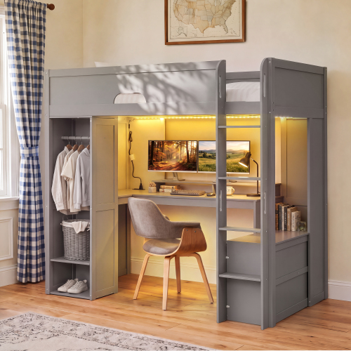 Twin Size Solid Wood Loft Bed with L-Shaped Desk,Storage Cabinet,and Wardrobe, High Loft Bed with Smart APP Control LED Light Strip, USB Charging Ports, Gray - MDF,Pine,Plywood - MDF