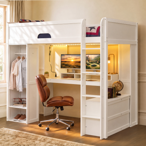 Full Size Solid Wood Loft Bed with L-Shaped Desk,Storage Cabinet,and Wardrobe, High Loft Bed with Smart APP Control LED Light Strip, USB Charging Ports, White - MDF,Pine,Plywood - MDF