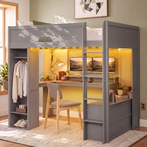 Full Size Solid Wood Loft Bed with L-Shaped Desk,Storage Cabinet,and Wardrobe, High Loft Bed with Smart APP Control LED Light Strip, USB Charging Ports, Gray - MDF,Pine,Plywood - MDF