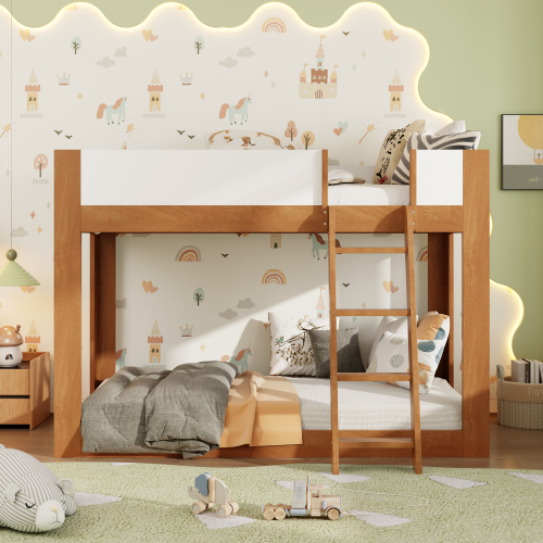 Twin Size Low Bunk Bed, Wooden Convertible Bunk Bed with Reversible Ladder and Safety Guardrails, Walnut+White - MDF,Plywood - MDF