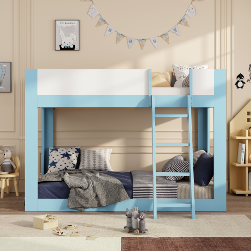 Twin Size Low Bunk Bed, Wooden Convertible Bunk Bed with Reversible Ladder and Safety Guardrails, Blue+White - MDF,Plywood - MDF