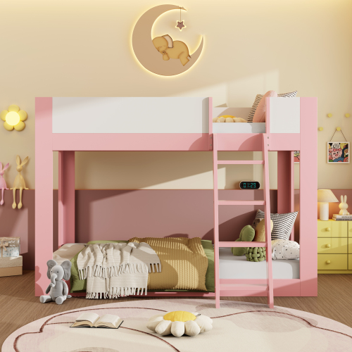 Twin Size Low Bunk Bed, Wooden Convertible Bunk Bed with Reversible Ladder and Safety Guardrails, Pink+White - MDF,Plywood - MDF