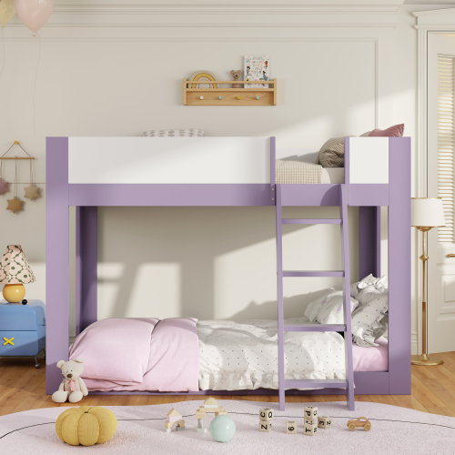 Twin Size Low Bunk Bed, Wooden Convertible Bunk Bed with Reversible Ladder and Safety Guardrails, Purple+White - MDF,Plywood - Not Specified