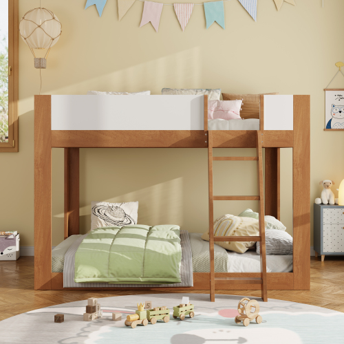 Full Size Low Bunk Bed, Wooden Convertible Bunk Bed with Reversible Ladder and Safety Guardrails, Walnut+White - MDF,Plywood - MDF