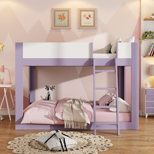 Full Size Low Bunk Bed, Wooden Convertible Bunk Bed with Reversible Ladder and Safety Guardrails, Purple+White - MDF,Plywood - Not Specified