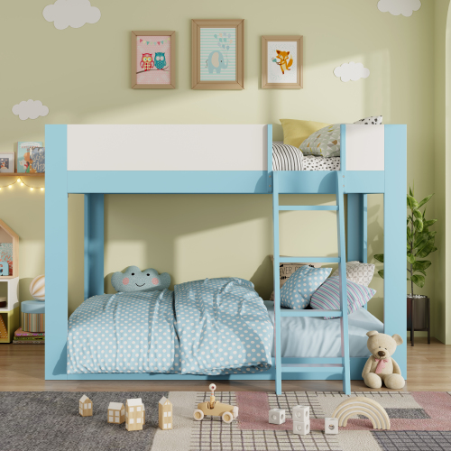 Full Size Low Bunk Bed, Wooden Convertible Bunk Bed with Reversible Ladder and Safety Guardrails, Blue+White - MDF,Plywood - MDF
