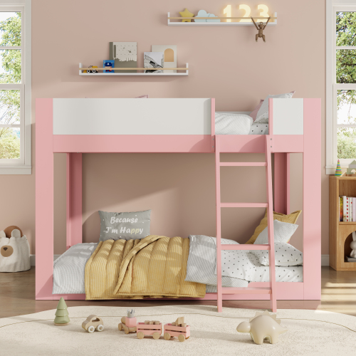 Full Size Low Bunk Bed, Wooden Convertible Bunk Bed with Reversible Ladder and Safety Guardrails, Pink+White - MDF,Plywood - MDF