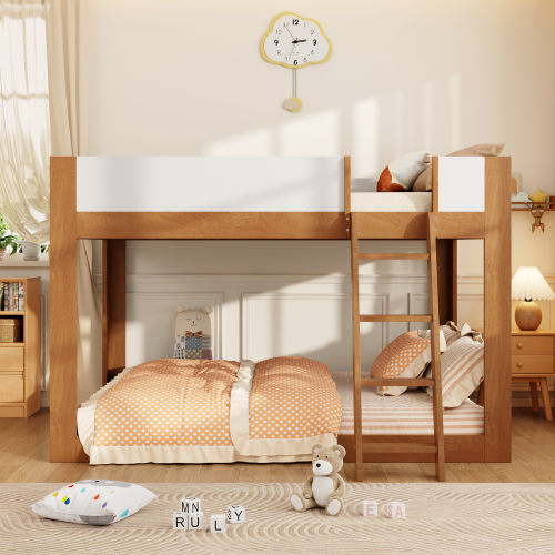 Queen Size Low Bunk Bed, Wooden Convertible Bunk Bed with Reversible Ladder and Safety Guardrails, Walnut+White - MDF,Plywood - MDF