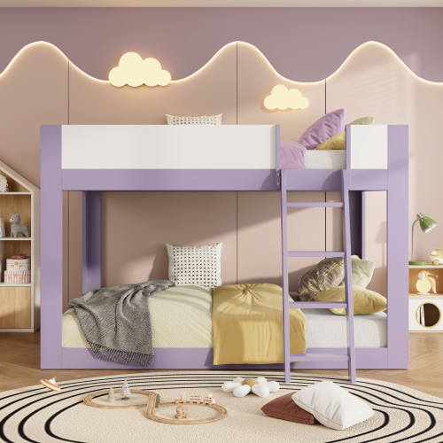 Queen Size Low Bunk Bed, Wooden Convertible Bunk Bed with Reversible Ladder and Safety Guardrails, Purple+White - MDF,Plywood - Not Specified