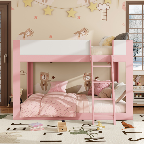 Queen Size Low Bunk Bed, Wooden Convertible Bunk Bed with Reversible Ladder and Safety Guardrails, Pink+White - MDF,Plywood - MDF