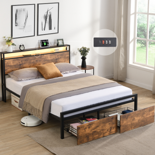 Full Size Bed Frame with Storage Headboard and 2 Drawers, LED Lights Bed with Charging Station, Metal Platform Bed No Noise, Mattress Foundation Strong Metal Slats Support No Box Spring Needed - Industrial - Brown - MDF+Steel - Bedroom - Box Spring Not Required - Brown - Iron