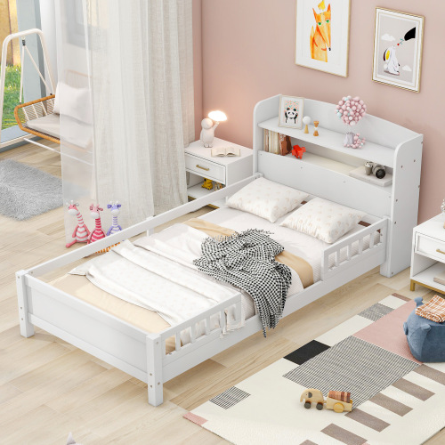Wood Twin Size Platform Bed with Built-in LED Light, Storage Headboard and Guardrail, White - Solid Wood+MDF - Bedroom - Bed Frame - Box Spring Not Required