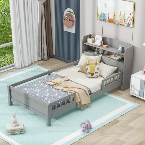 Wood Twin Size Platform Bed with Built-in LED Light, Storage Headboard and Guardrail, Antique Grey - Antique Gray - Solid Wood+MDF - Bedroom - Bed Frame - Box Spring Not Required