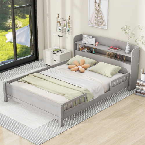 Wood Full Size Platform Bed with Built-in LED Light, Storage Headboard and Guardrail, Antique Grey - Antique Gray - Solid Wood+MDF - Bedroom - Bed Frame - Box Spring Not Required