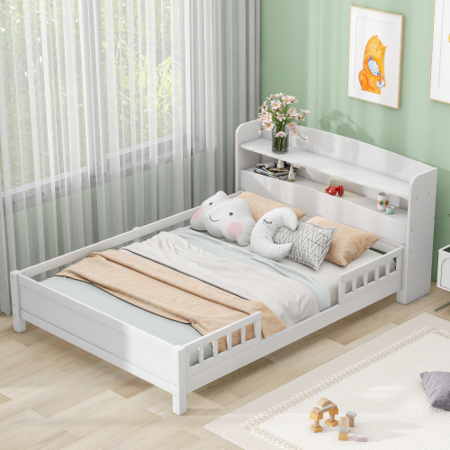 Wood Full Size Platform Bed with Built-in LED Light, Storage Headboard and Guardrail, White - Solid Wood+MDF - Bedroom - Bed Frame - Box Spring Not Required