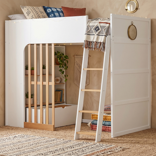 Twin Size Loft Bed with Shelves, Wooden High Sleeper Loft Bed with Ladder and Storage Shelves, White+Natural Oak - MDF,Plywood - MDF