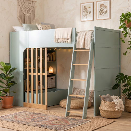 Twin Size Loft Bed with Shelves, Wooden High Sleeper Loft Bed with Ladder and Storage Shelves, Mint Green + Natural Oak - MDF,Plywood - MDF