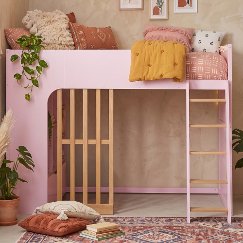 Twin Size Loft Bed with Shelves, Wooden High Sleeper Loft Bed with Ladder and Storage Shelves, Pink + Natural Oak - MDF,Plywood - MDF