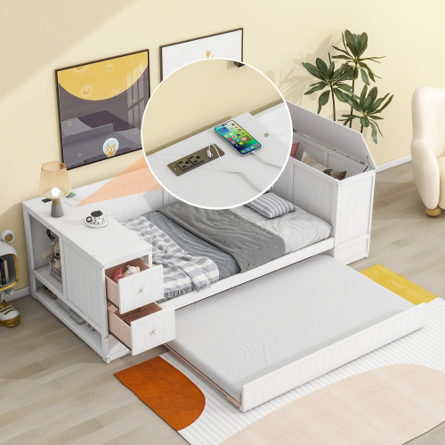 Twin Size Daybed with Storage Arms, Trundle and Charging Station, White - Solid Wood+MDF - Daybeds - Box Spring Not Required - Wood