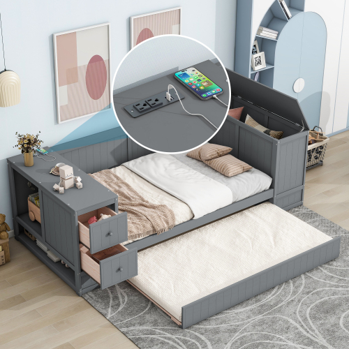 Twin Size Daybed with Storage Arms, Trundle and Charging Station, Gray - Grey - Solid Wood+MDF - Daybeds - Box Spring Not Required - Wood