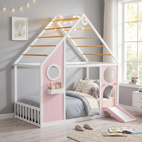 Twin House Bed with Slide, Ball Light Strip, Wooden Playhouse Design Platform Bed with Front Panel, Fun Bedroom Furniture-Pink - MDF+LVL - MDF