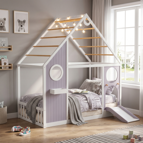 Twin House Bed with Slide, Ball Light Strip, Wooden Playhouse Design Platform Bed with Front Panel, Fun Bedroom Furniture-Purple - MDF+LVL - Not Specified