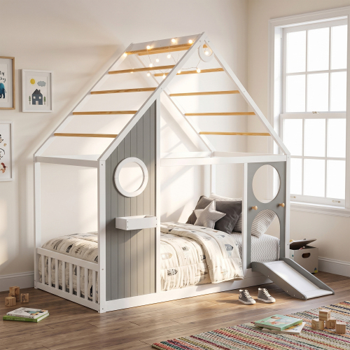 Twin House Bed with Slide, Ball Light Strip, Wooden Playhouse Design Platform Bed with Front Panel, Fun Bedroom Furniture-Gray - MDF+LVL - MDF