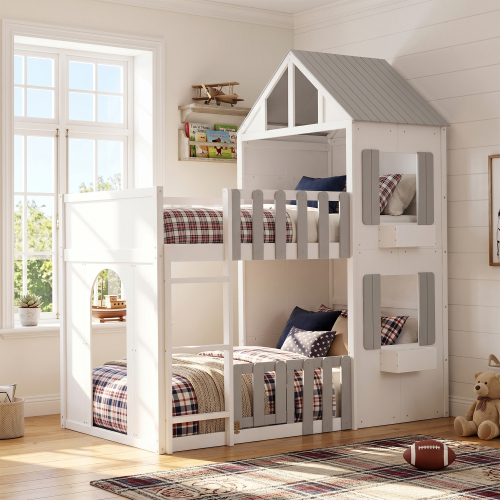 Twin over Twin House Bunk Bed Space-Saving Bedroom Furniture for Home, Modern Playful Design-Gray - MDF,Pine,Plywood - MDF - Not Specified - Not Specified