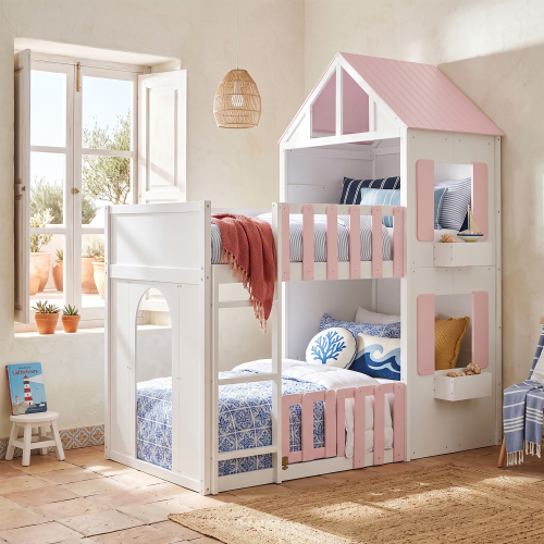 Twin over Twin House Bunk Bed Space-Saving Bedroom Furniture for Home, Modern Playful Design-Pink - MDF,Pine,Plywood - MDF - Not Specified - Not Specified